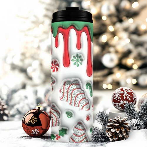 3D Red And Green Christmas Tree Cakes Thermal Tumbler