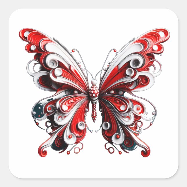 3d Red and White Butterfly Sticker (Front)
