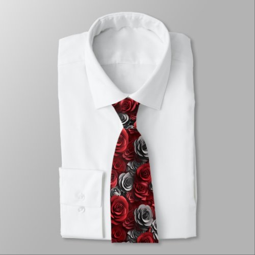 3d red grey roses pattern neck tie