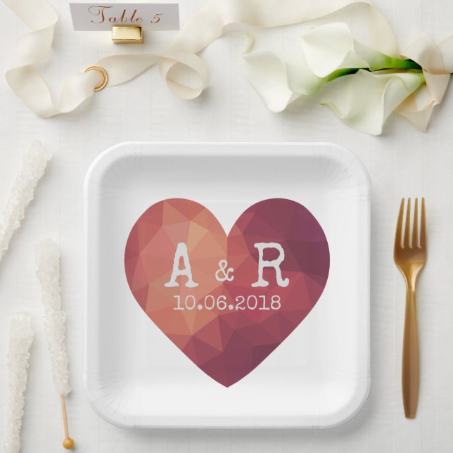 3d red heart couple monograms and date paper plates (Wedding)
