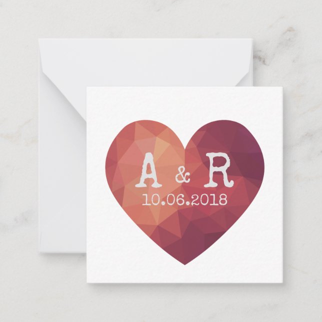 3d red heart couple monograms wedding date note card (Front)