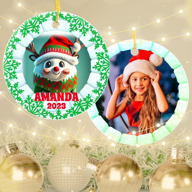 3D Reindeer Christmas Custom Kids Photo Ceramic Ornament (Creator Uploaded)