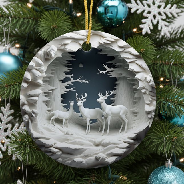 3D Reindeer Christmas Ornament (3d effect deer reindeer in winter blue white christmas tree ornament )
