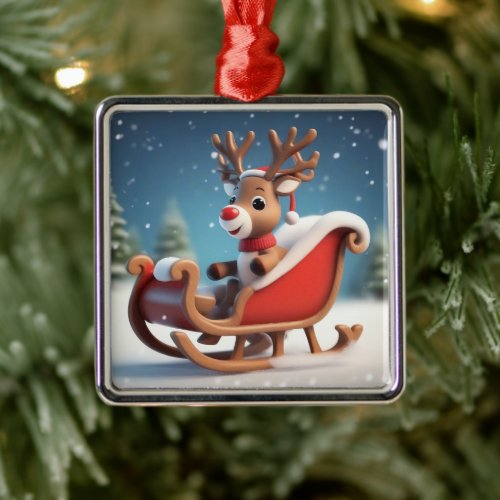 3d reindeer in a sleigh metal ornament