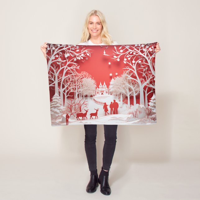 3D Reindeers and People in Village Baby Fleece Blanket (In Situ)
