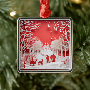 3D Reindeers and People in Village Metal Ornament
