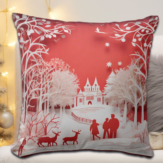 3D Reindeers and People in Village Throw Pillow (Creator Uploaded)
