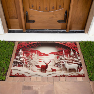 3D Reindeers in Forest Winter Doormat
