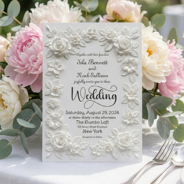 3D Relief White Rose Floral Border Wedding Invitation (Creator Uploaded)