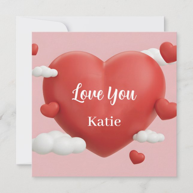 3D Render of Vibrant Red Heart with Custom Name Holiday Card (Front)