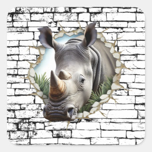 3D Rhinoceros Wall Break Art – Realistic Safari Square Sticker