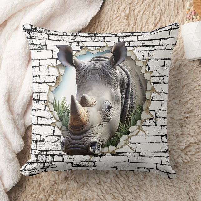 3D Rhinoceros Wall Break Art – Realistic Safari Throw Pillow (Blanket)