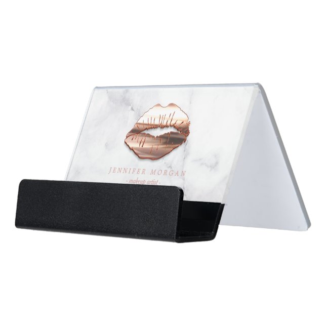 3D Rose Gold Lips White Marble Makeup Artist Desk Business Card Holder (Angled Front)