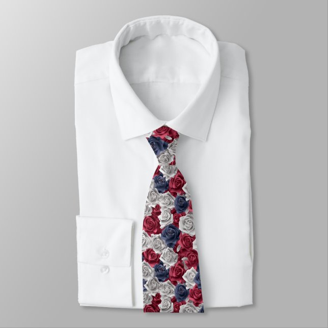 3d Roses Red Navy White Neck Tie (Tied)