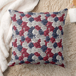 3d Roses Red Navy White Throw Pillow