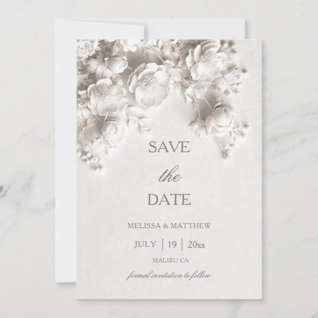3D Roses White Sculptured Flowers Save The Date (Front)