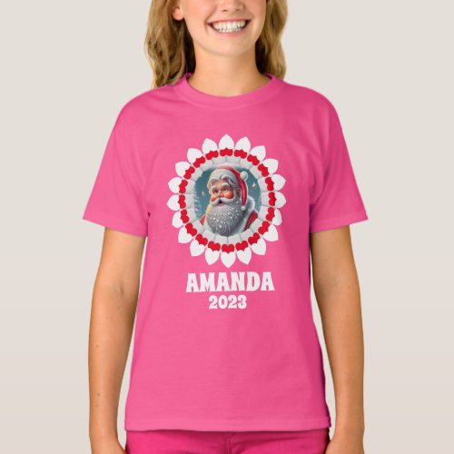 3D Santa Claus Christmas Custom Kids Name Pink T_Shirt