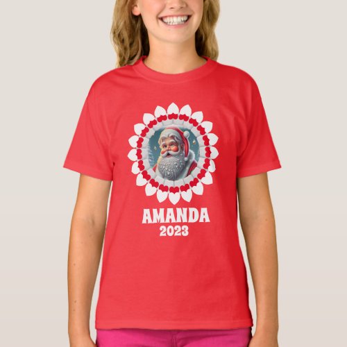 3D Santa Claus Christmas Custom Kids Name Red T_Shirt