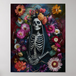3D Santa Muerte with Colorful Flowers Poster