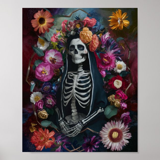 3D Santa Muerte with Colorful Flowers Poster (Front)