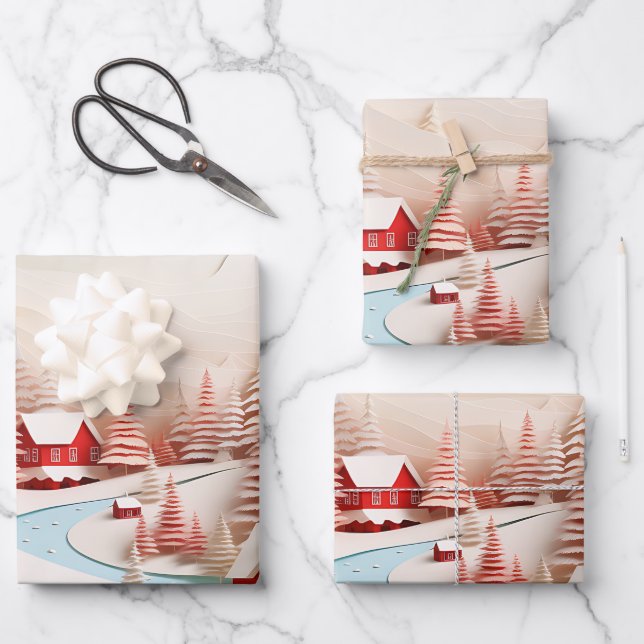 3D Scandinavian Winter Landscape Wrapping Paper Sheets (Front)