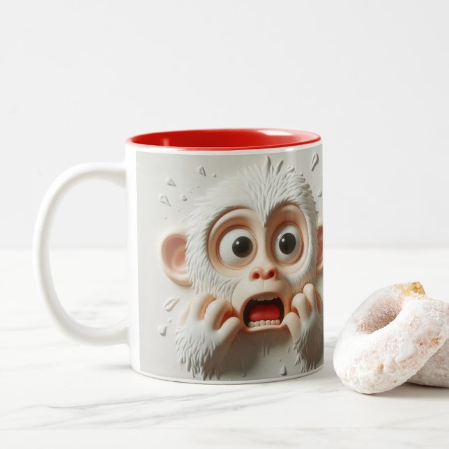 3D Scared Monkey Funny Animals  Two-Tone Coffee Mug (With Donut)