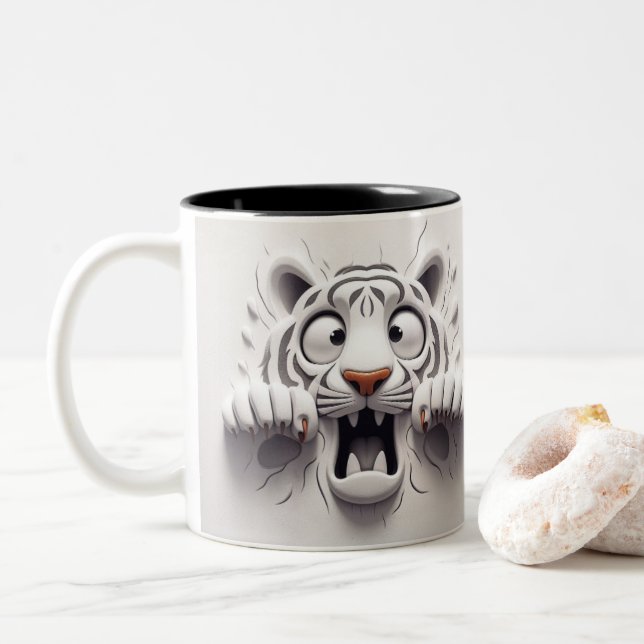 3D Scared White Tiger Funny Animals  Two-Tone Coffee Mug (With Donut)