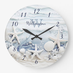 3D Sea Stars And Shells | Coastal  Monogram Large Clock