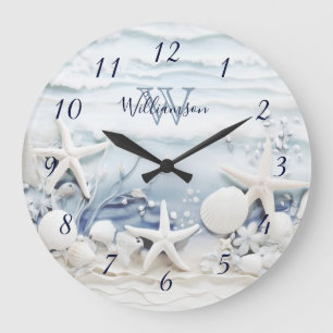 3D Sea Stars And Shells   Coastal  Monogram Large Clock