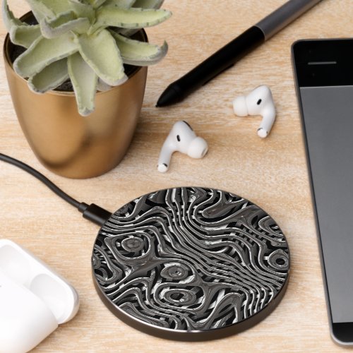 3D Silver Black Liquid Steel Waves Art Pattern Wireless Charger
