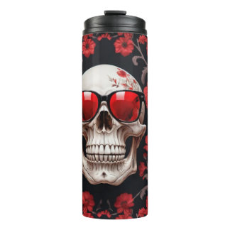 3D skull with red floral design and sunglasses Thermal Tumbler