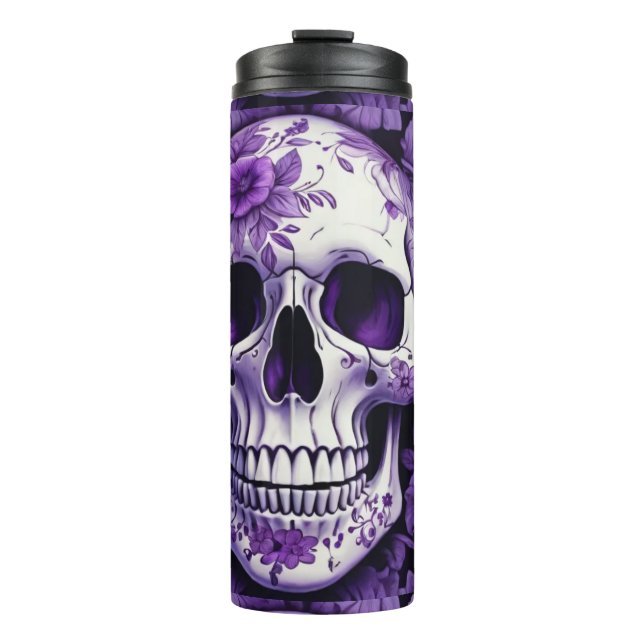3D skull with violet flowers floral design Thermal Tumbler (Front)