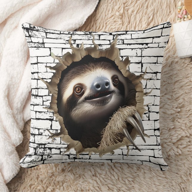 3D Sloth Wall Break Art – Realistic Safari Throw Pillow (Blanket)