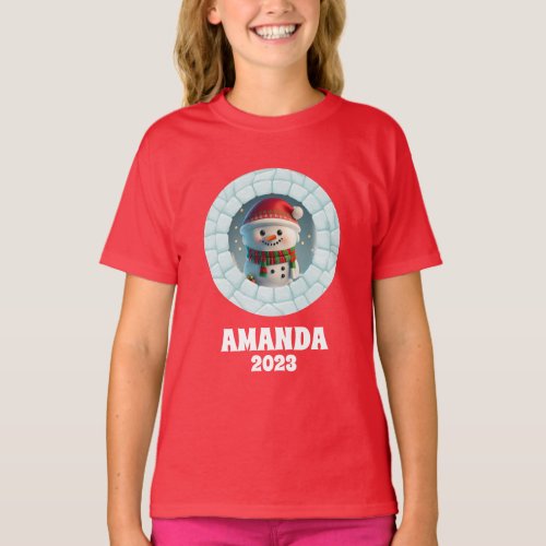 3D Snowman Christmas Custom Kids Name Red T_Shirt