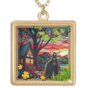 3d sorceress and stained glass cabin necklace