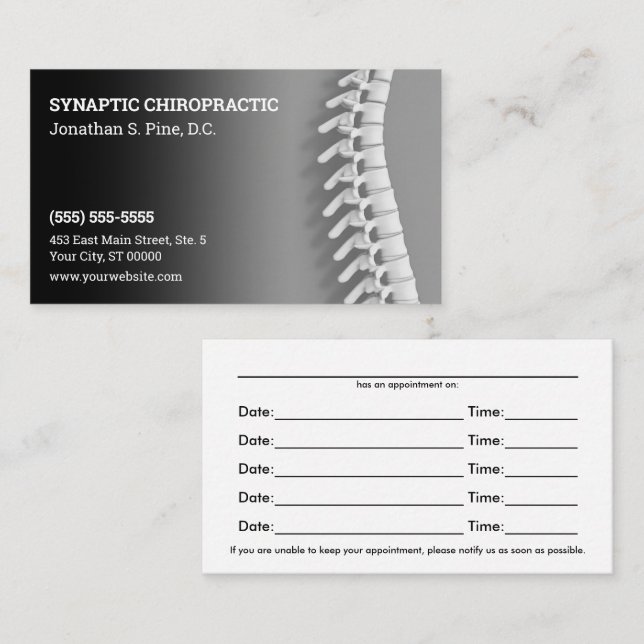 3D Spine Black Gray Chiropractic Appointment Cards (Front/Back)