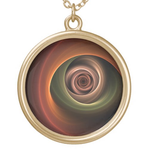 3D Spiral Abstract Warm Colors Modern Fractal Art Gold Plated Necklace