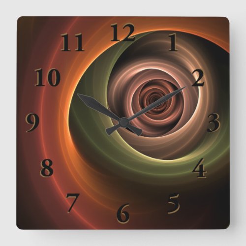 3D Spiral Abstract Warm Colors Modern Fractal Art Square Wall Clock
