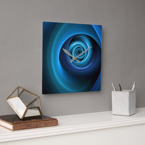 3D Spiral Blue Colors Modern Abstract Fractal Art Square Wall Clock