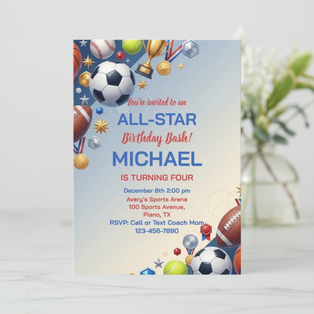 3D Sports Champion All Star Birthday Party Invitation (Standing Front)