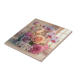 3D Spring Flowers Greeting Card with Roses Ceramic Tile