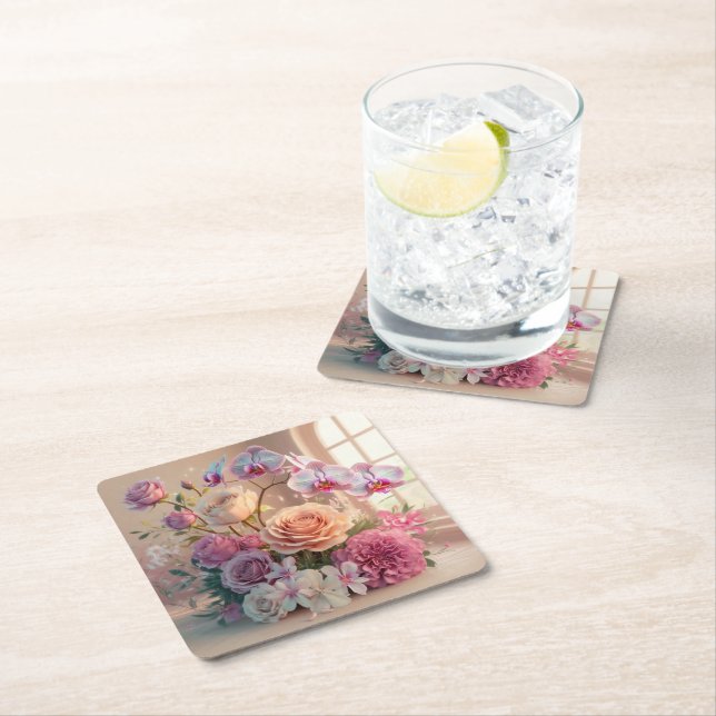 3D Spring Flowers Greeting Card with Roses  Square Paper Coaster (Insitu)