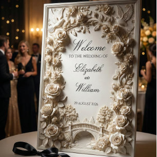 3D Stone Relief Ivory Roses & Doves Wedding Sign