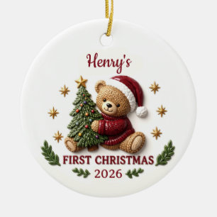 3D Storybook Pink Bunny Baby 1st Christmas Ceramic Ornament