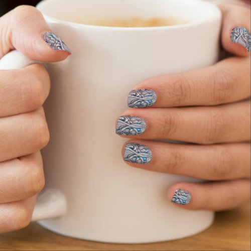 3d stunning metallic silver blue jewels diamonds minx nail art