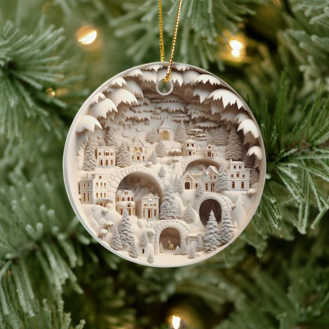 3D Style Winter Village Christmas Holiday Ceramic Ornament (Tree)