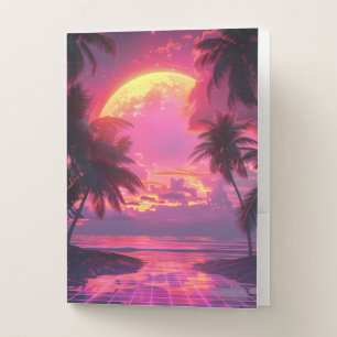 3d sunset on the beach. Retro palms  Pocket Folder