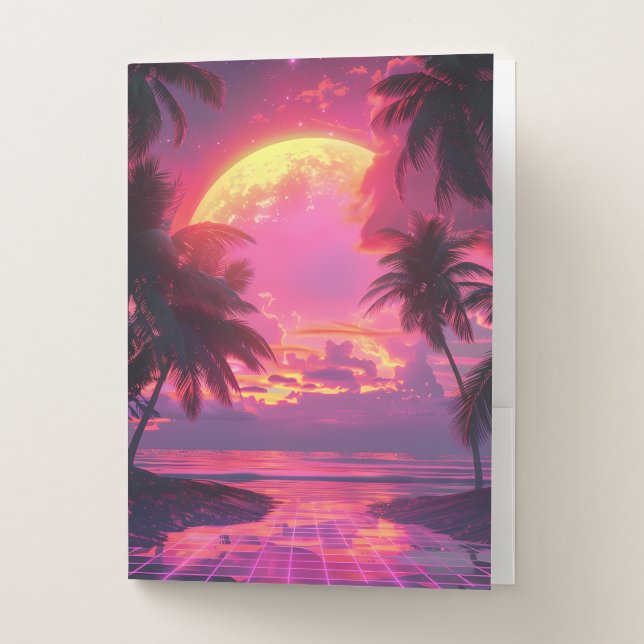 3d sunset on the beach. Retro palms  Pocket Folder (Front)
