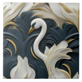 3D Swan, White Gold and Blue Ceramic Tile