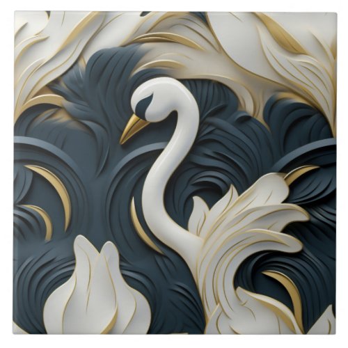 3D Swan White Gold and Blue Ceramic Tile